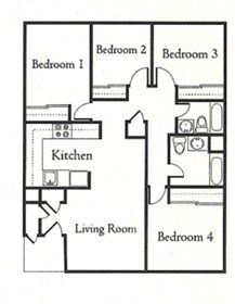 A black and white image of a house floor plan with four bedrooms, a living room, and a kitchen.